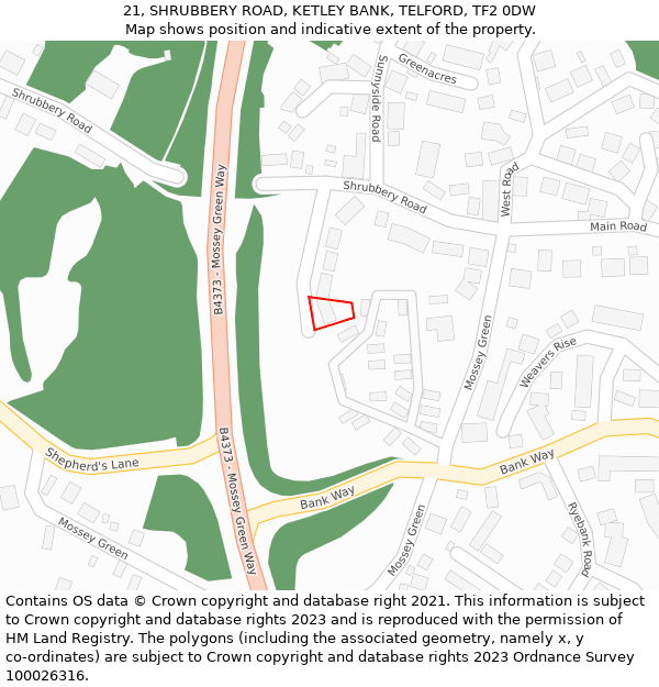 21, SHRUBBERY ROAD, KETLEY BANK, TELFORD, TF2 0DW: Location map and indicative extent of plot