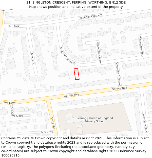 21, SINGLETON CRESCENT, FERRING, WORTHING, BN12 5DE: Location map and indicative extent of plot