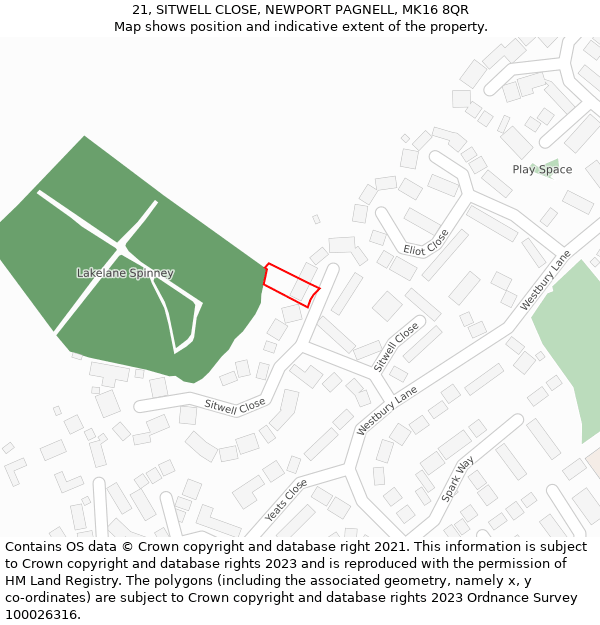 21, SITWELL CLOSE, NEWPORT PAGNELL, MK16 8QR: Location map and indicative extent of plot