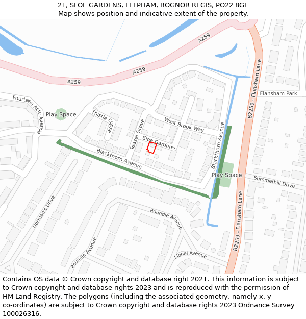 21, SLOE GARDENS, FELPHAM, BOGNOR REGIS, PO22 8GE: Location map and indicative extent of plot