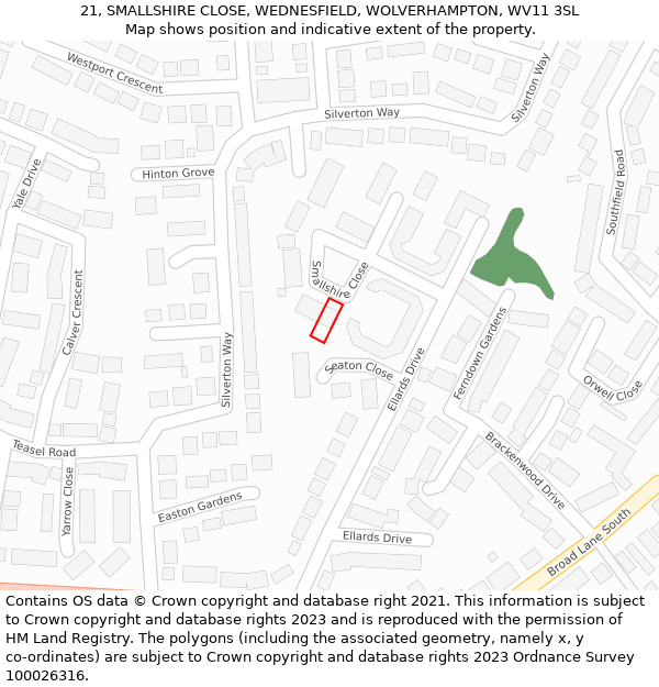 21, SMALLSHIRE CLOSE, WEDNESFIELD, WOLVERHAMPTON, WV11 3SL: Location map and indicative extent of plot