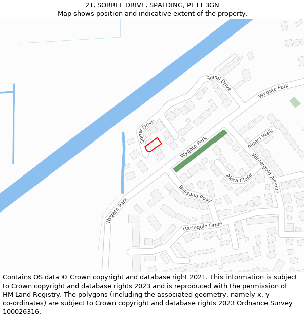 21, SORREL DRIVE, SPALDING, PE11 3GN: Location map and indicative extent of plot