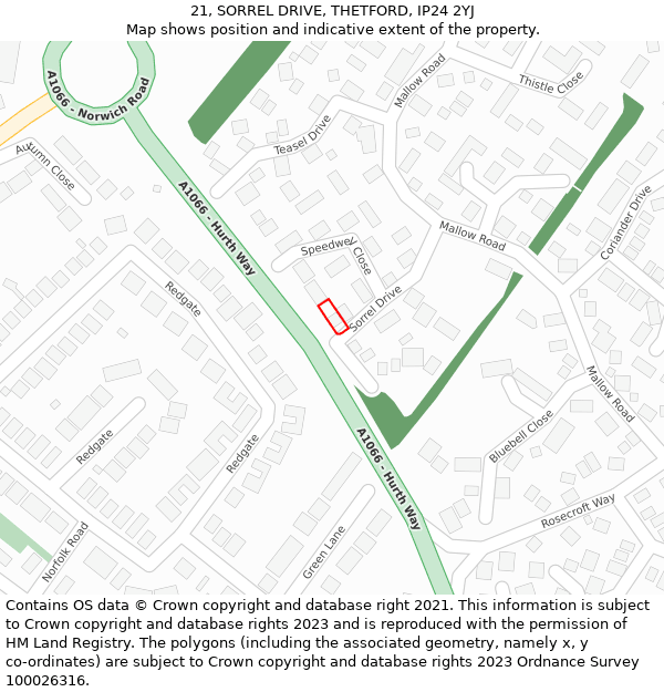 21, SORREL DRIVE, THETFORD, IP24 2YJ: Location map and indicative extent of plot