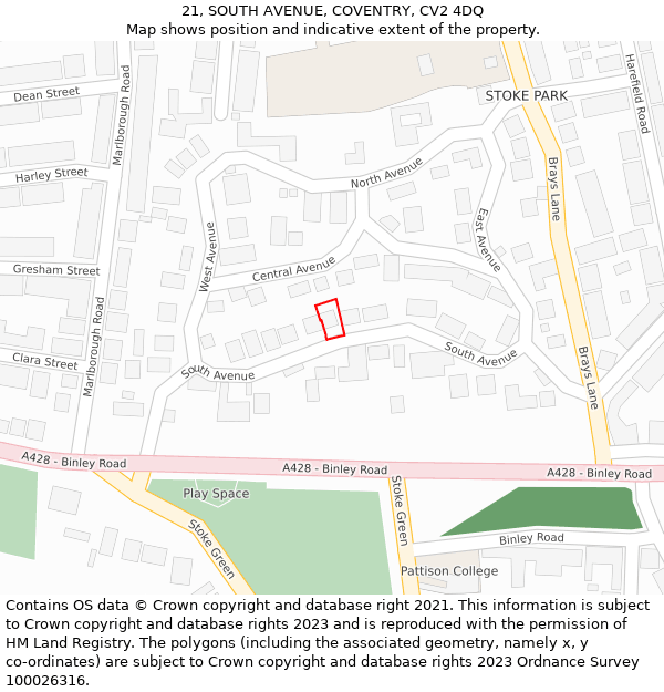 21, SOUTH AVENUE, COVENTRY, CV2 4DQ: Location map and indicative extent of plot