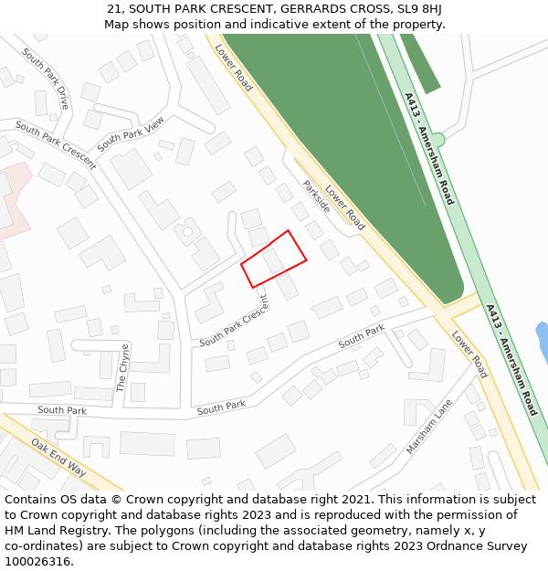 21, SOUTH PARK CRESCENT, GERRARDS CROSS, SL9 8HJ: Location map and indicative extent of plot
