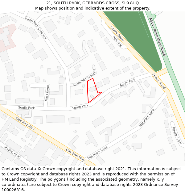 21, SOUTH PARK, GERRARDS CROSS, SL9 8HQ: Location map and indicative extent of plot