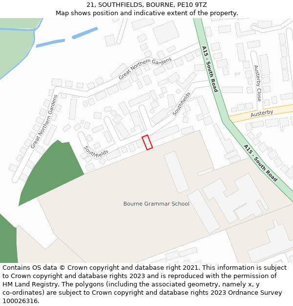 21, SOUTHFIELDS, BOURNE, PE10 9TZ: Location map and indicative extent of plot