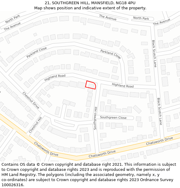 21, SOUTHGREEN HILL, MANSFIELD, NG18 4PU: Location map and indicative extent of plot