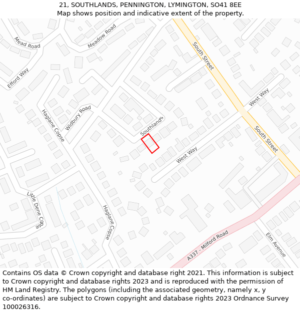 21, SOUTHLANDS, PENNINGTON, LYMINGTON, SO41 8EE: Location map and indicative extent of plot