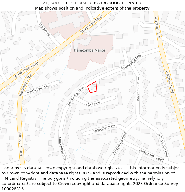 21, SOUTHRIDGE RISE, CROWBOROUGH, TN6 1LG: Location map and indicative extent of plot