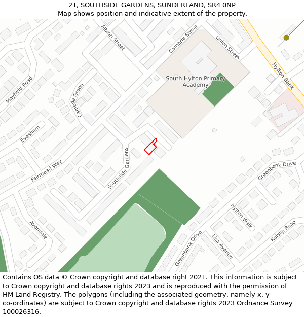 21, SOUTHSIDE GARDENS, SUNDERLAND, SR4 0NP: Location map and indicative extent of plot