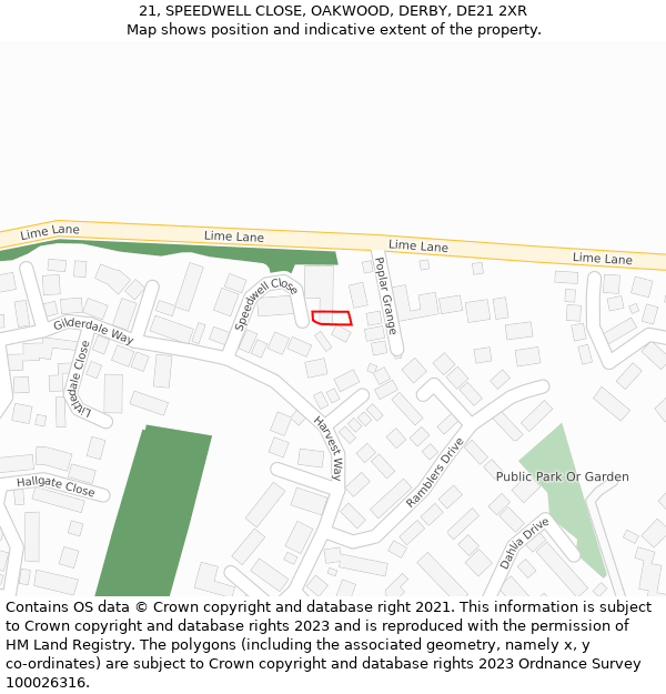 21, SPEEDWELL CLOSE, OAKWOOD, DERBY, DE21 2XR: Location map and indicative extent of plot