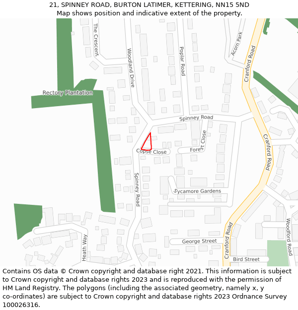 21, SPINNEY ROAD, BURTON LATIMER, KETTERING, NN15 5ND: Location map and indicative extent of plot