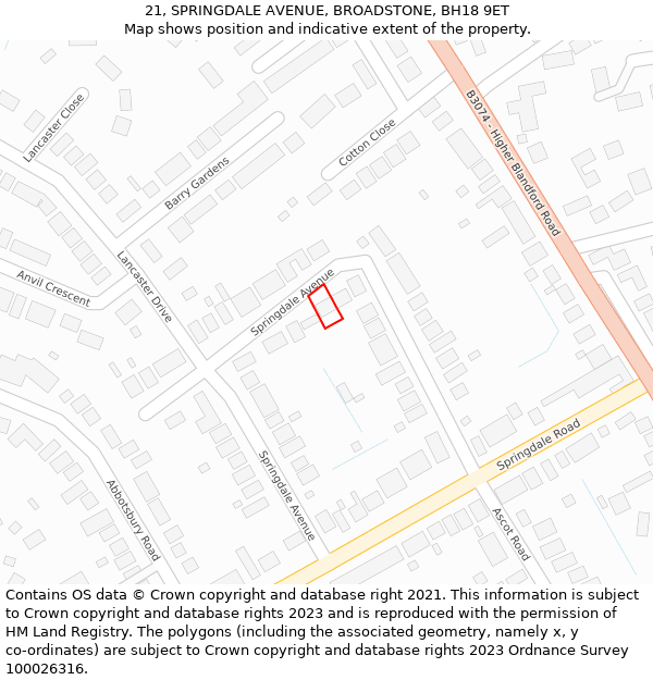 21, SPRINGDALE AVENUE, BROADSTONE, BH18 9ET: Location map and indicative extent of plot