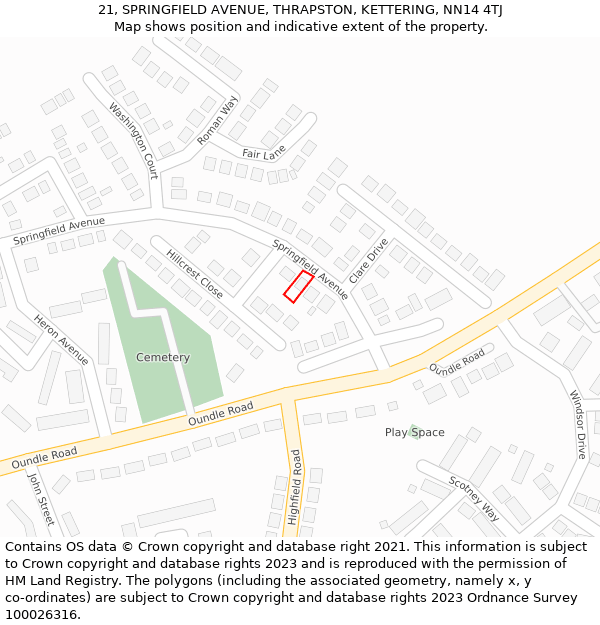 21, SPRINGFIELD AVENUE, THRAPSTON, KETTERING, NN14 4TJ: Location map and indicative extent of plot