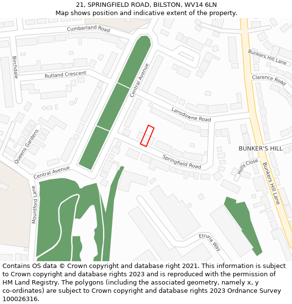 21, SPRINGFIELD ROAD, BILSTON, WV14 6LN: Location map and indicative extent of plot