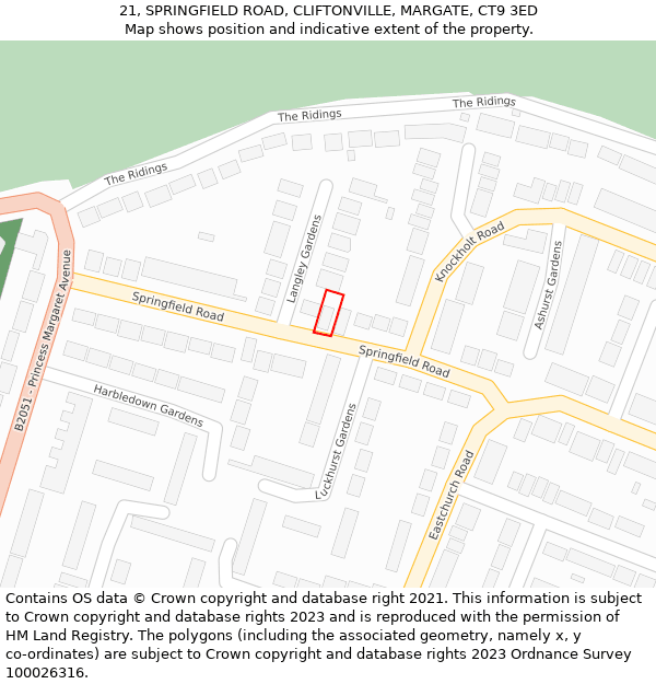 21, SPRINGFIELD ROAD, CLIFTONVILLE, MARGATE, CT9 3ED: Location map and indicative extent of plot