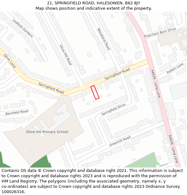 21, SPRINGFIELD ROAD, HALESOWEN, B62 8JY: Location map and indicative extent of plot