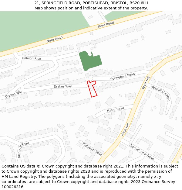 21, SPRINGFIELD ROAD, PORTISHEAD, BRISTOL, BS20 6LH: Location map and indicative extent of plot