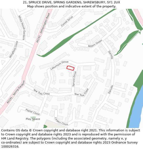 21, SPRUCE DRIVE, SPRING GARDENS, SHREWSBURY, SY1 2UX: Location map and indicative extent of plot