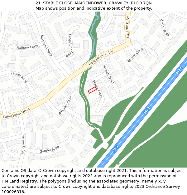 21, STABLE CLOSE, MAIDENBOWER, CRAWLEY, RH10 7QN: Location map and indicative extent of plot