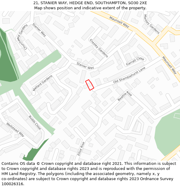 21, STANIER WAY, HEDGE END, SOUTHAMPTON, SO30 2XE: Location map and indicative extent of plot