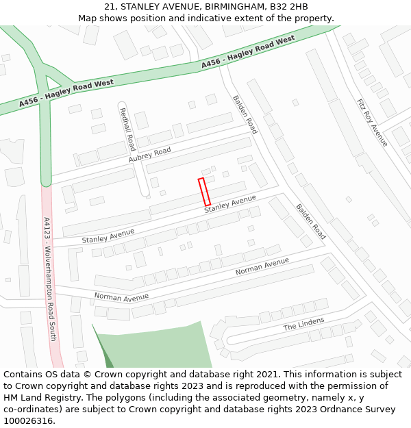 21, STANLEY AVENUE, BIRMINGHAM, B32 2HB: Location map and indicative extent of plot