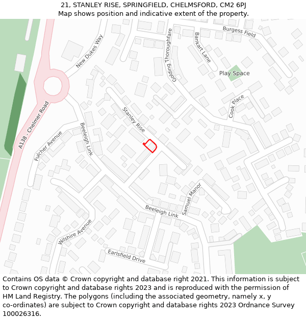 21, STANLEY RISE, SPRINGFIELD, CHELMSFORD, CM2 6PJ: Location map and indicative extent of plot