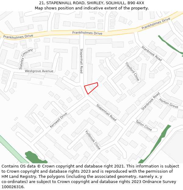 21, STAPENHALL ROAD, SHIRLEY, SOLIHULL, B90 4XX: Location map and indicative extent of plot