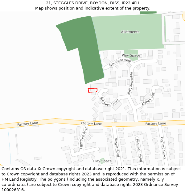 21, STEGGLES DRIVE, ROYDON, DISS, IP22 4FH: Location map and indicative extent of plot