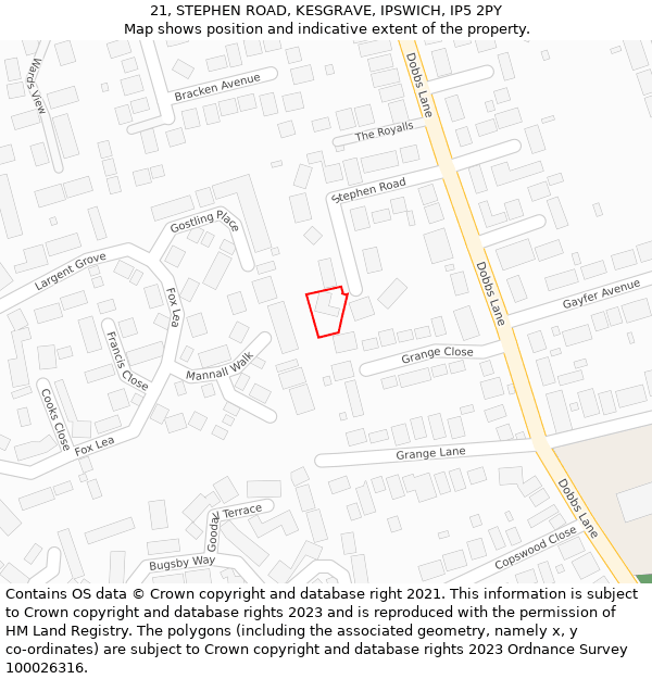 21, STEPHEN ROAD, KESGRAVE, IPSWICH, IP5 2PY: Location map and indicative extent of plot