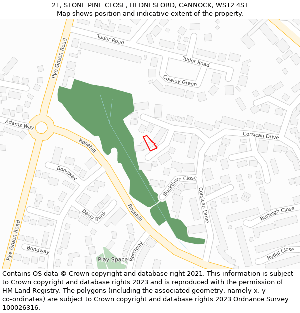 21, STONE PINE CLOSE, HEDNESFORD, CANNOCK, WS12 4ST: Location map and indicative extent of plot