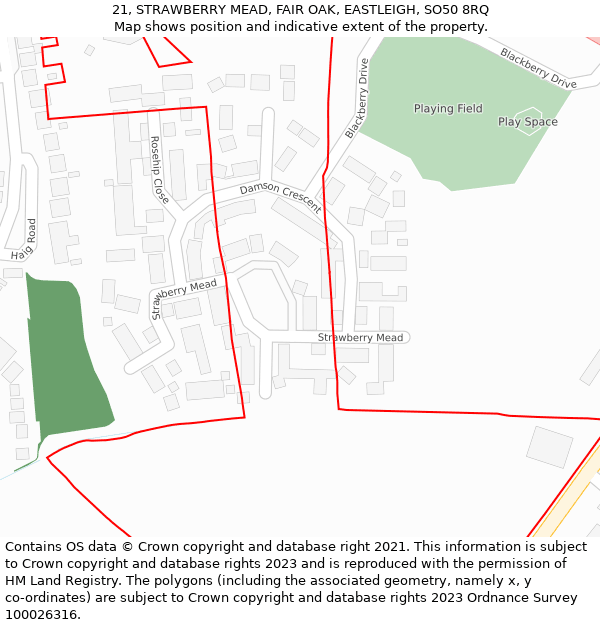 21, STRAWBERRY MEAD, FAIR OAK, EASTLEIGH, SO50 8RQ: Location map and indicative extent of plot