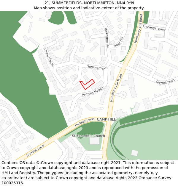 21, SUMMERFIELDS, NORTHAMPTON, NN4 9YN: Location map and indicative extent of plot