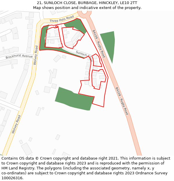 21, SUNLOCH CLOSE, BURBAGE, HINCKLEY, LE10 2TT: Location map and indicative extent of plot