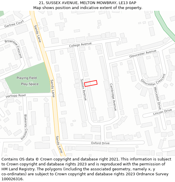 21, SUSSEX AVENUE, MELTON MOWBRAY, LE13 0AP: Location map and indicative extent of plot