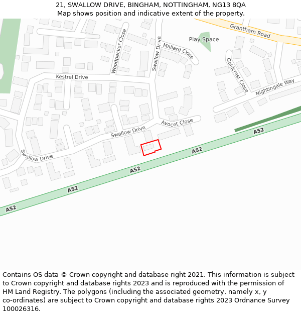 21, SWALLOW DRIVE, BINGHAM, NOTTINGHAM, NG13 8QA: Location map and indicative extent of plot
