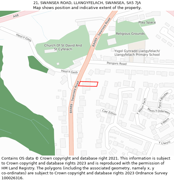 21, SWANSEA ROAD, LLANGYFELACH, SWANSEA, SA5 7JA: Location map and indicative extent of plot