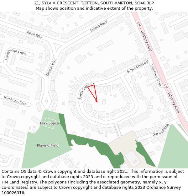 21, SYLVIA CRESCENT, TOTTON, SOUTHAMPTON, SO40 3LP: Location map and indicative extent of plot