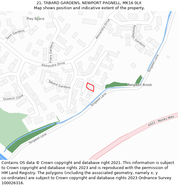 21, TABARD GARDENS, NEWPORT PAGNELL, MK16 0LX: Location map and indicative extent of plot