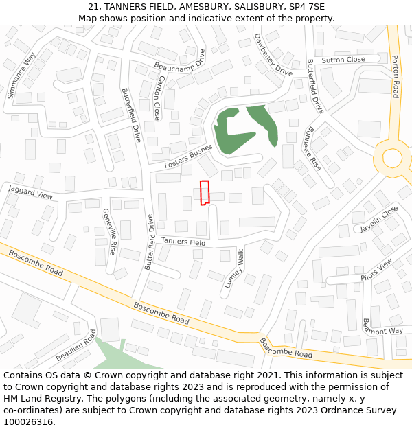 21, TANNERS FIELD, AMESBURY, SALISBURY, SP4 7SE: Location map and indicative extent of plot