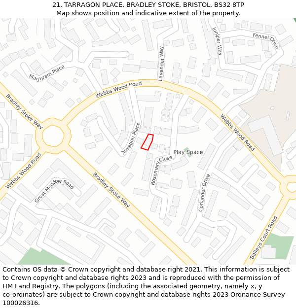 21, TARRAGON PLACE, BRADLEY STOKE, BRISTOL, BS32 8TP: Location map and indicative extent of plot