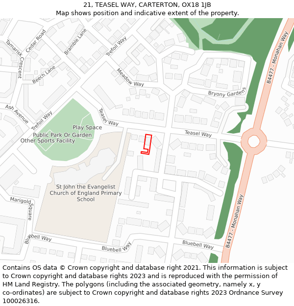 21, TEASEL WAY, CARTERTON, OX18 1JB: Location map and indicative extent of plot