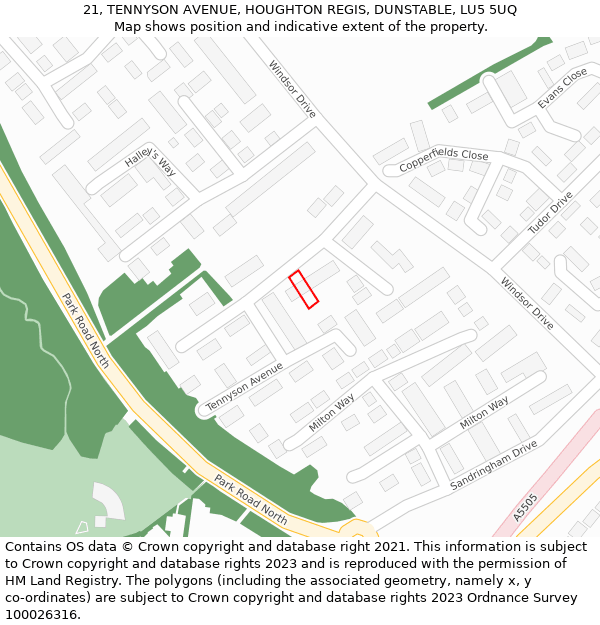 21, TENNYSON AVENUE, HOUGHTON REGIS, DUNSTABLE, LU5 5UQ: Location map and indicative extent of plot