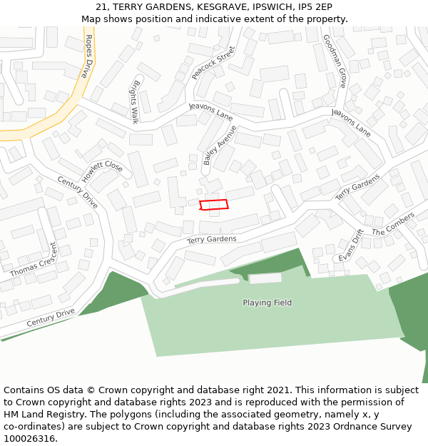 21, TERRY GARDENS, KESGRAVE, IPSWICH, IP5 2EP: Location map and indicative extent of plot