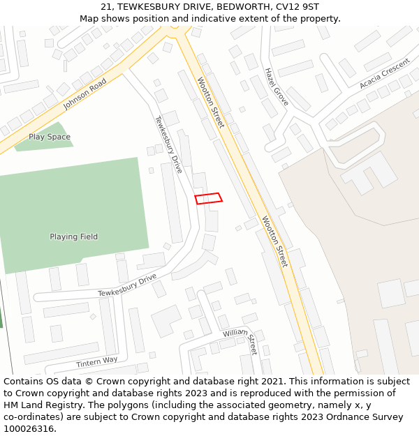 21, TEWKESBURY DRIVE, BEDWORTH, CV12 9ST: Location map and indicative extent of plot