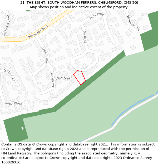 21, THE BIGHT, SOUTH WOODHAM FERRERS, CHELMSFORD, CM3 5GJ: Location map and indicative extent of plot