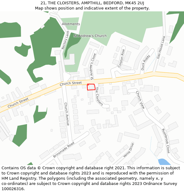 21, THE CLOISTERS, AMPTHILL, BEDFORD, MK45 2UJ: Location map and indicative extent of plot