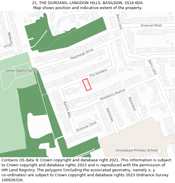 21, THE DURDANS, LANGDON HILLS, BASILDON, SS16 6DA: Location map and indicative extent of plot