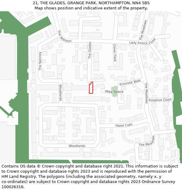 21, THE GLADES, GRANGE PARK, NORTHAMPTON, NN4 5BS: Location map and indicative extent of plot